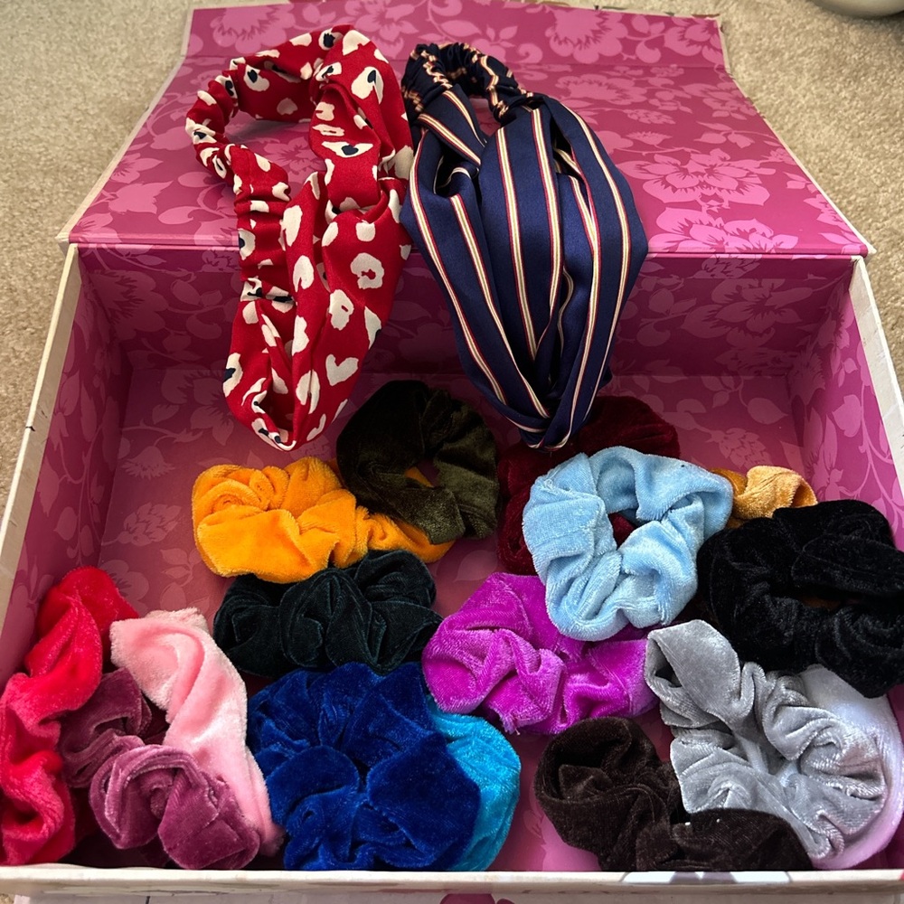 Bundle of unused scrunchies and headbands
